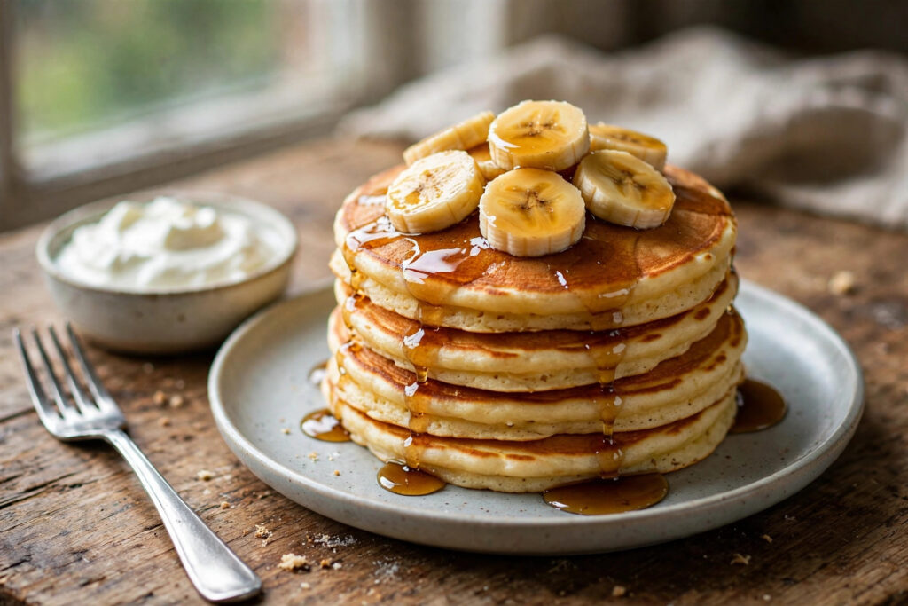 3-Ingredient Protein Pancakes stacked with banana and syrup