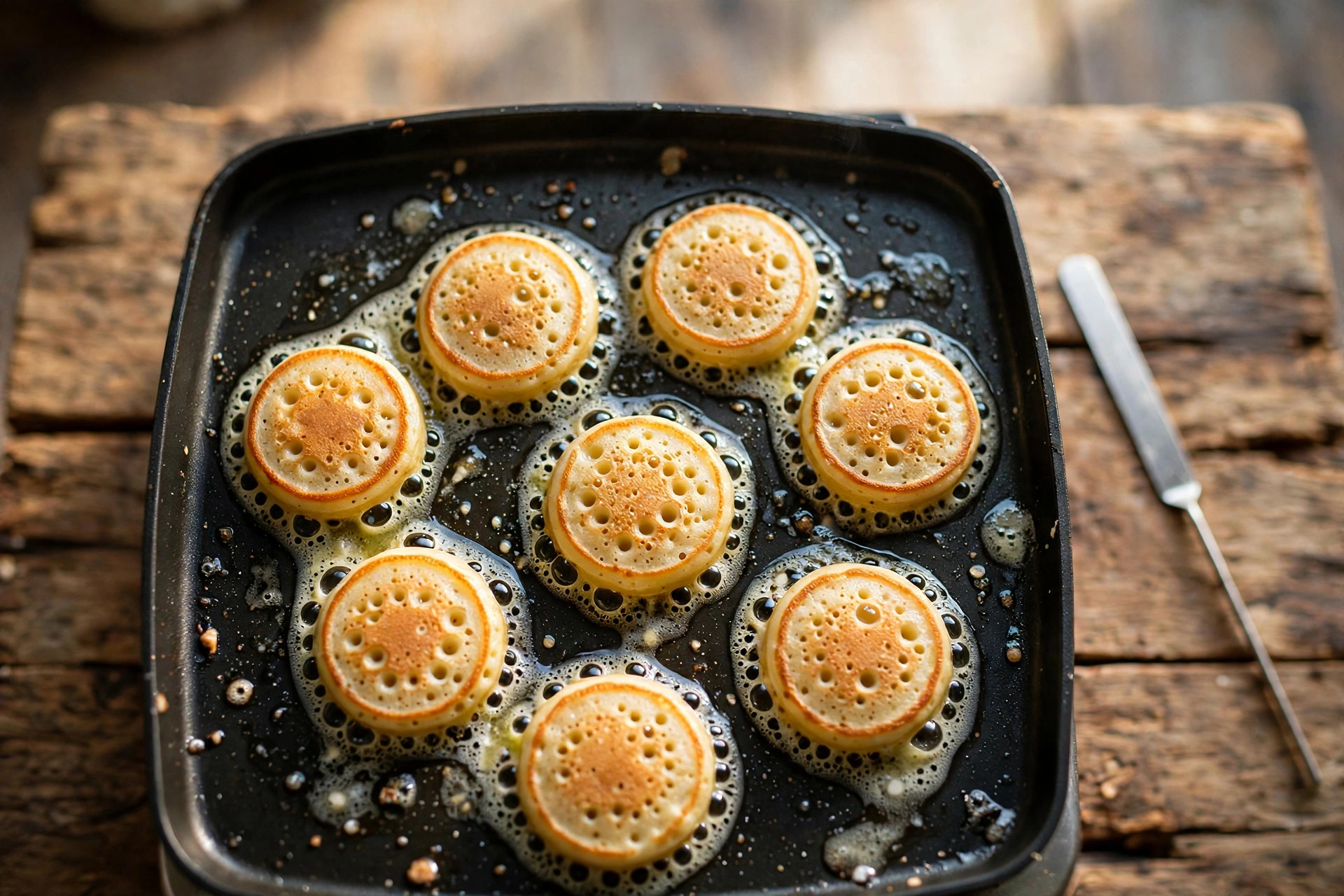 Small 3-ingredient protein pancake batter rounds cooking on a hot buttered griddle