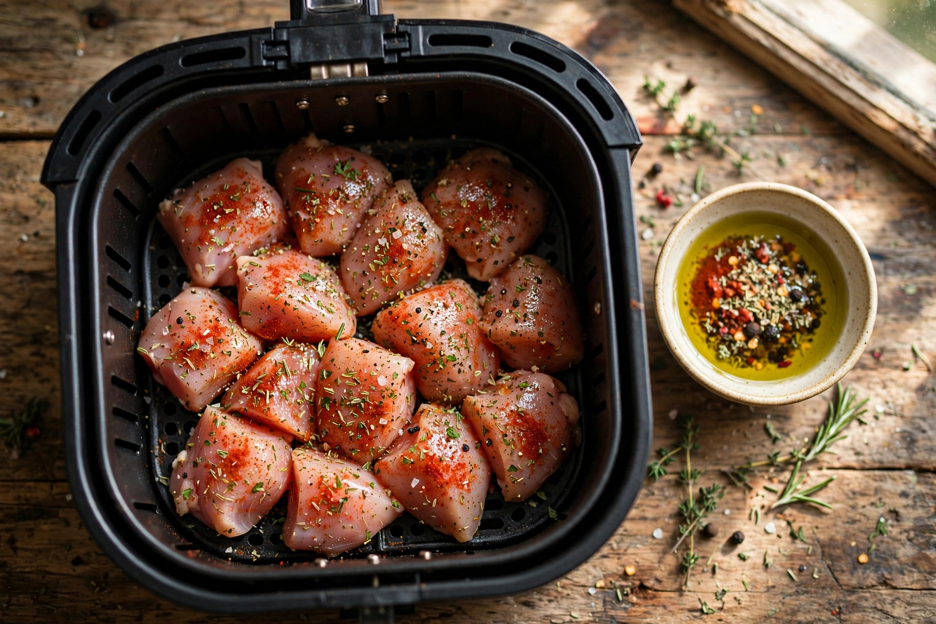 Raw seasoned chicken bites arranged in a single layer in an air fryer basket before cooking