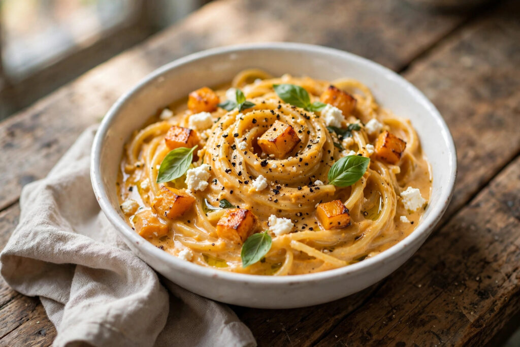 Butternut squash baked feta pasta in a white bowl with basil