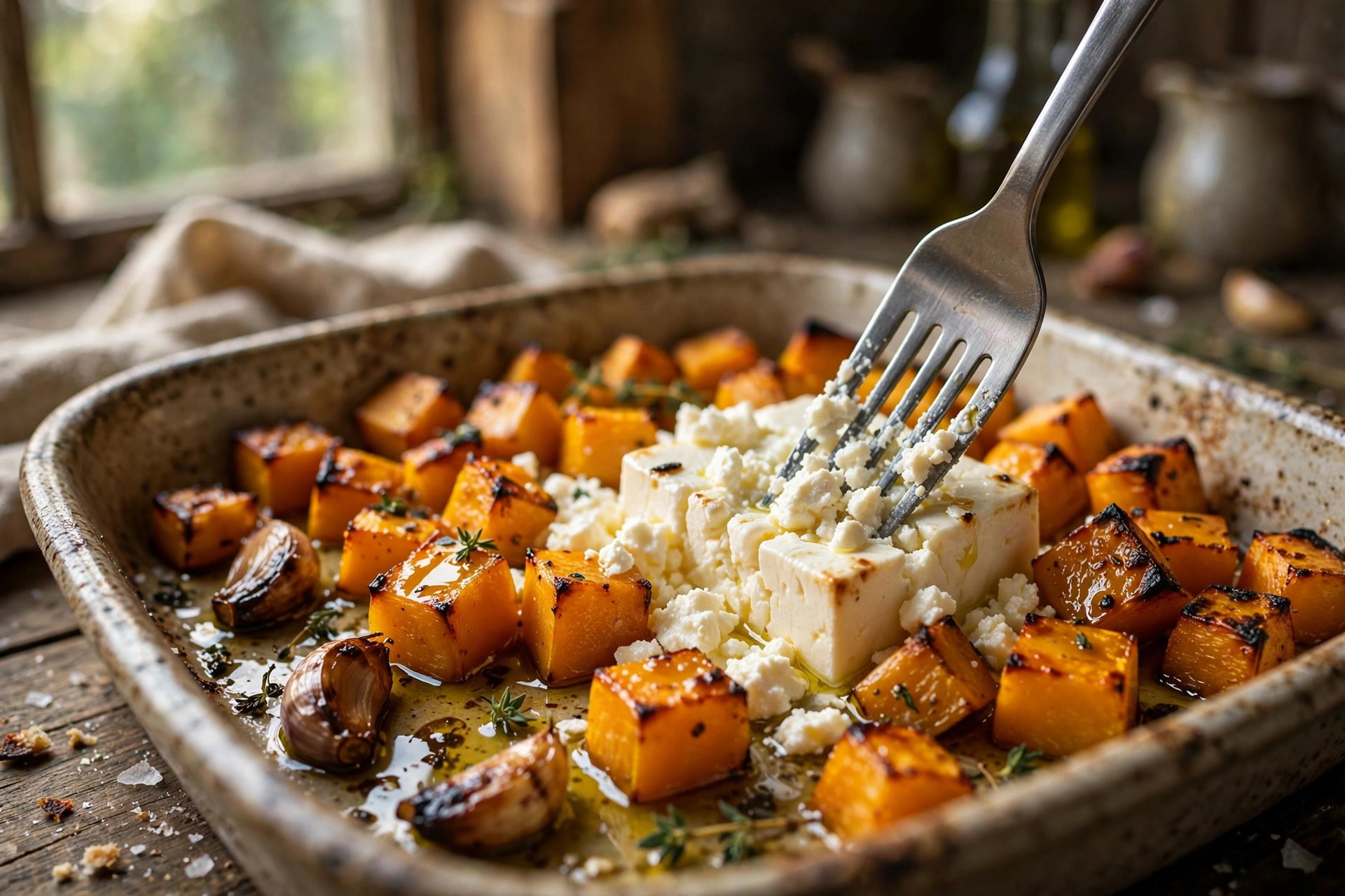 Roasted butternut squash and melted feta in a baking dish before mashing