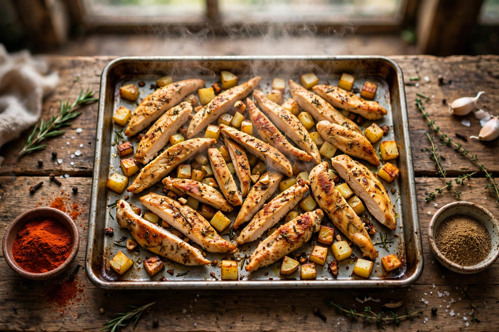 Seasoned chicken strips and diced potatoes roasting on a sheet pan for breakfast burrito bowls