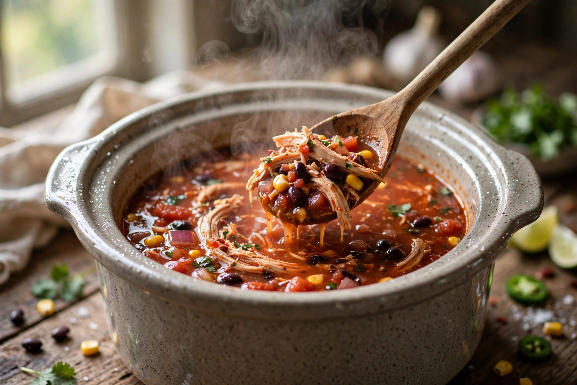 Shredded chicken being stirred back into crockpot chicken tortilla soup
