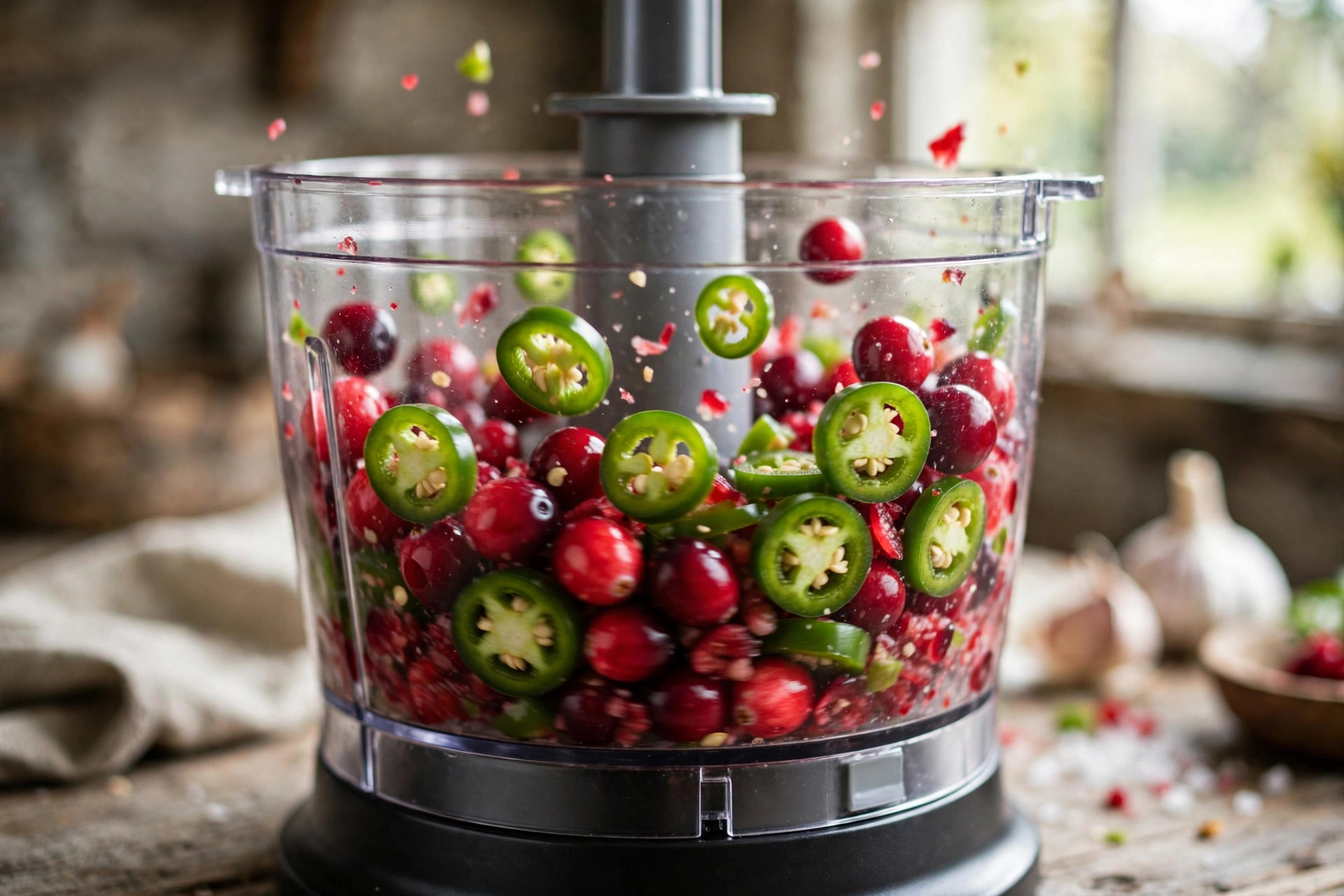 Pulsing fresh cranberries and jalapenos in a food processor