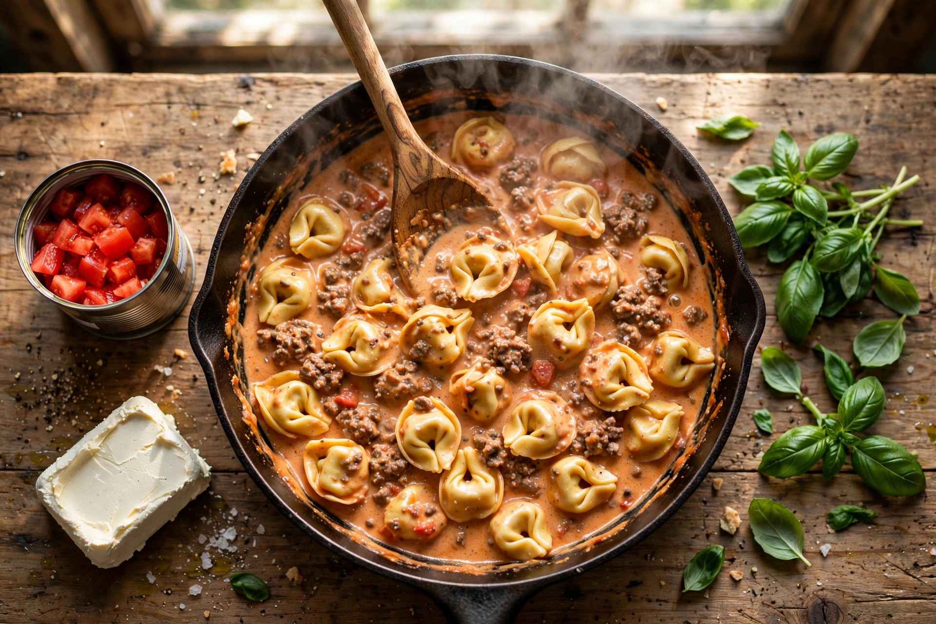 Stirring cheese tortellini into creamy tomato beef sauce in a skillet