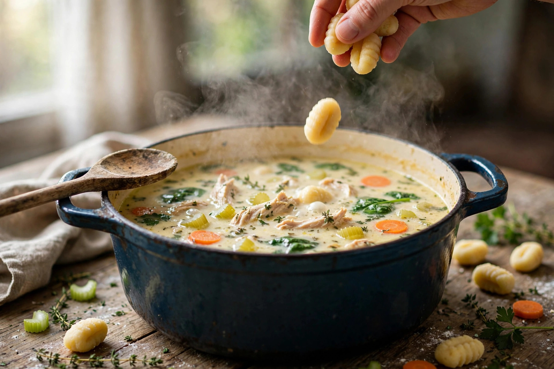 Adding potato gnocchi to a simmering pot of creamy chicken soup