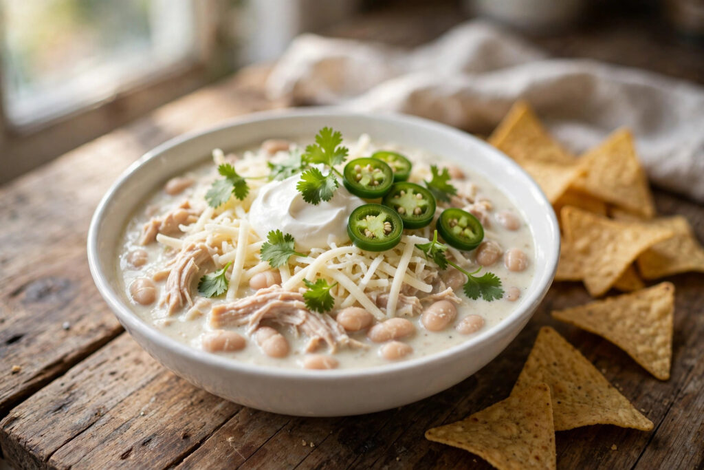 Bowl of creamy crockpot white chicken chili topped with cheese, sour cream, and cilantro
