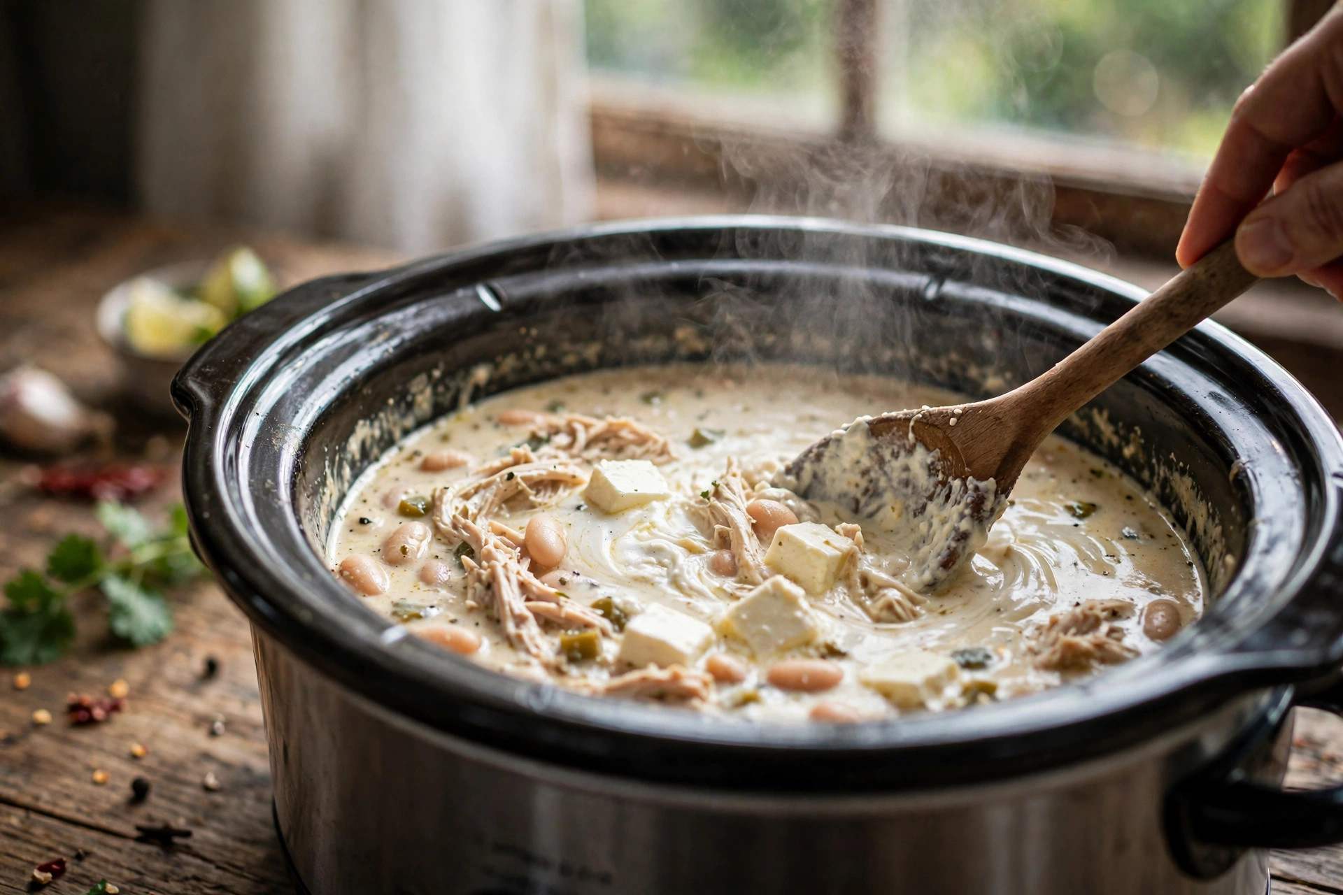 Stirring cream cheese into crockpot white chicken chili until melted and creamy