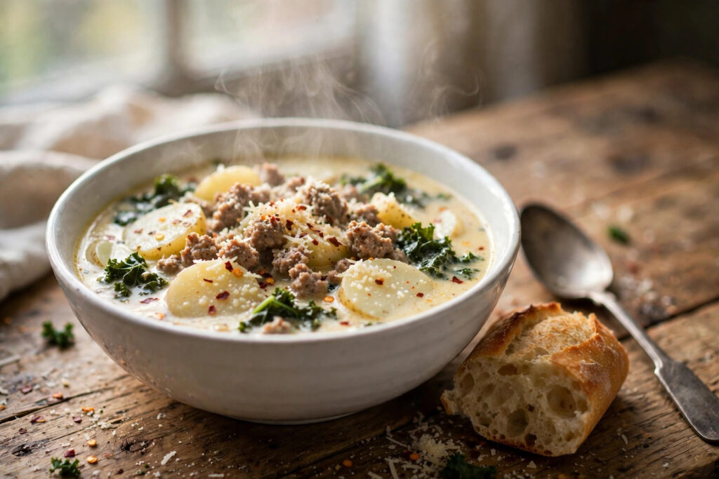 Bowl of crockpot zuppa toscana with Italian sausage, potatoes, kale, and cream topped with parmesan