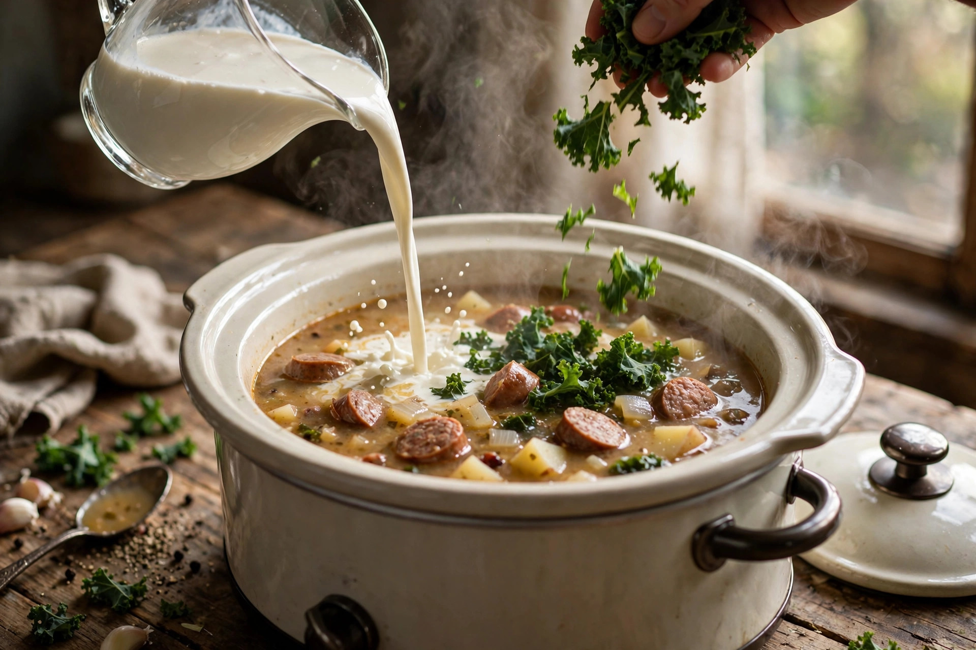 Adding chopped kale and heavy cream to the crockpot of zuppa toscana soup