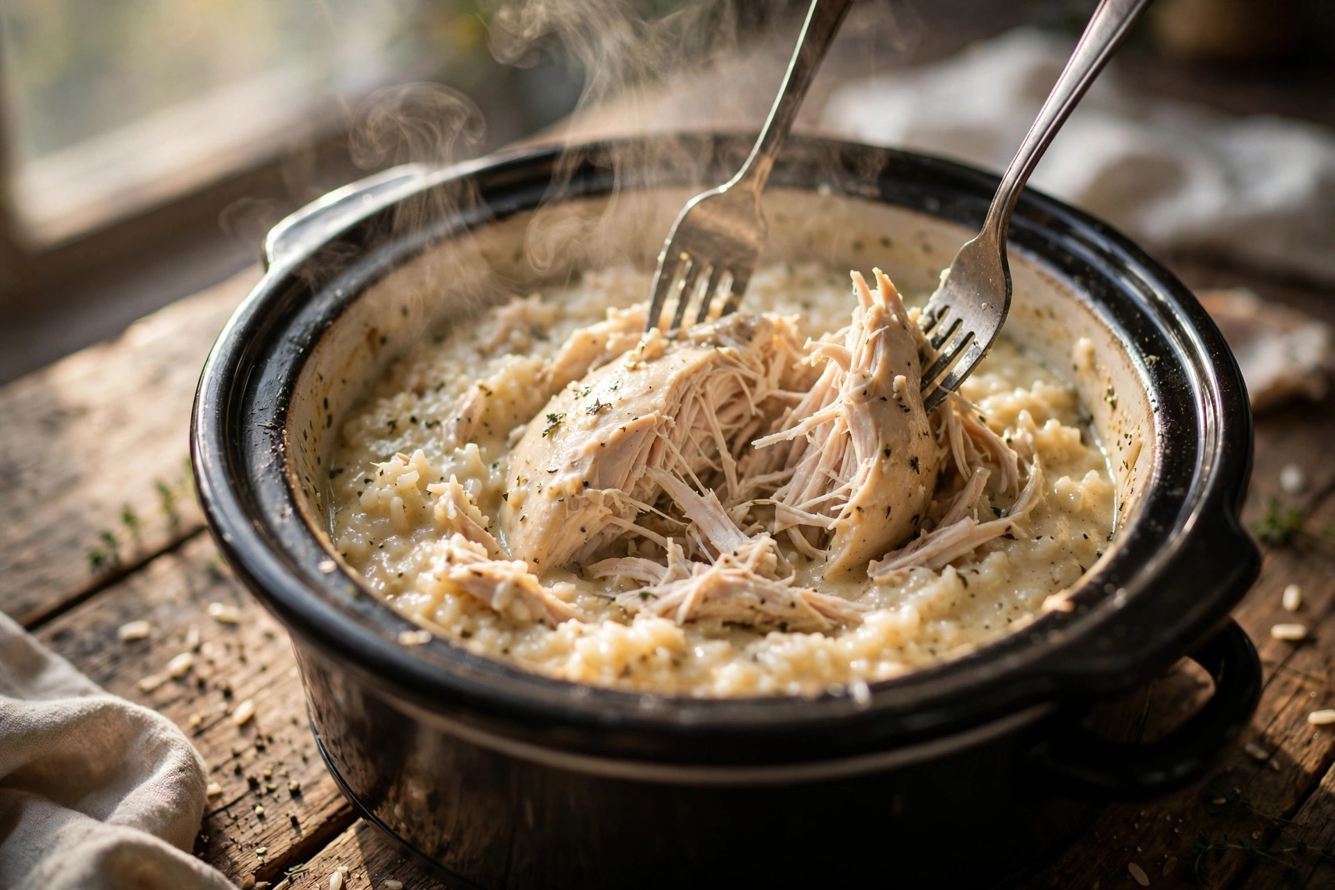 Shredding slow cooked chicken directly in the crockpot with two forks