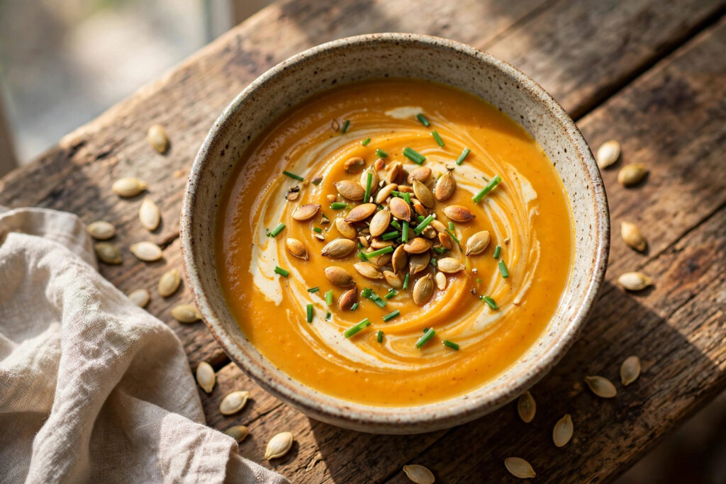 Bowl of creamy easy crockpot pumpkin soup topped with pepitas