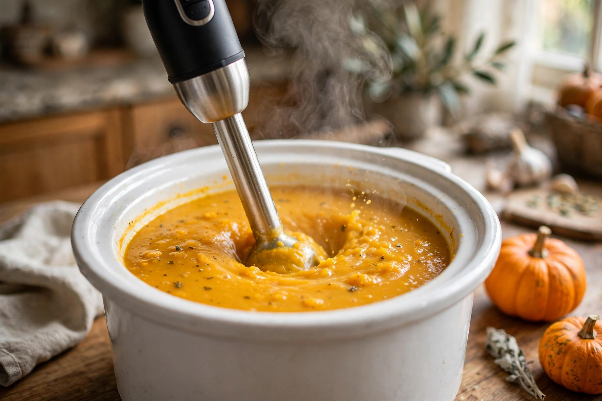 Immersion blender blending golden pumpkin soup in a slow cooker