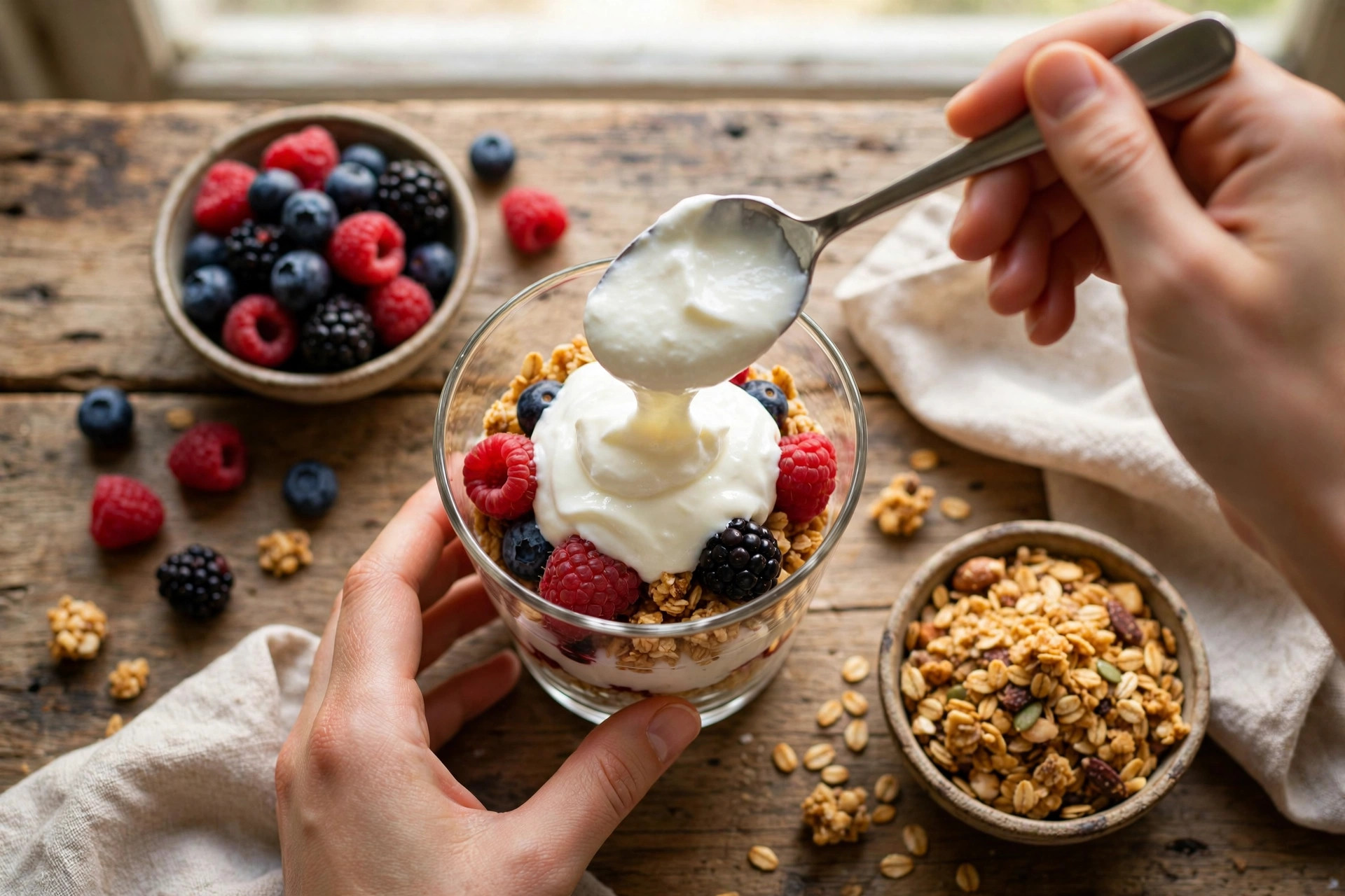 Hands layering Greek yogurt, granola, and berries in a glass to build a breakfast parfait