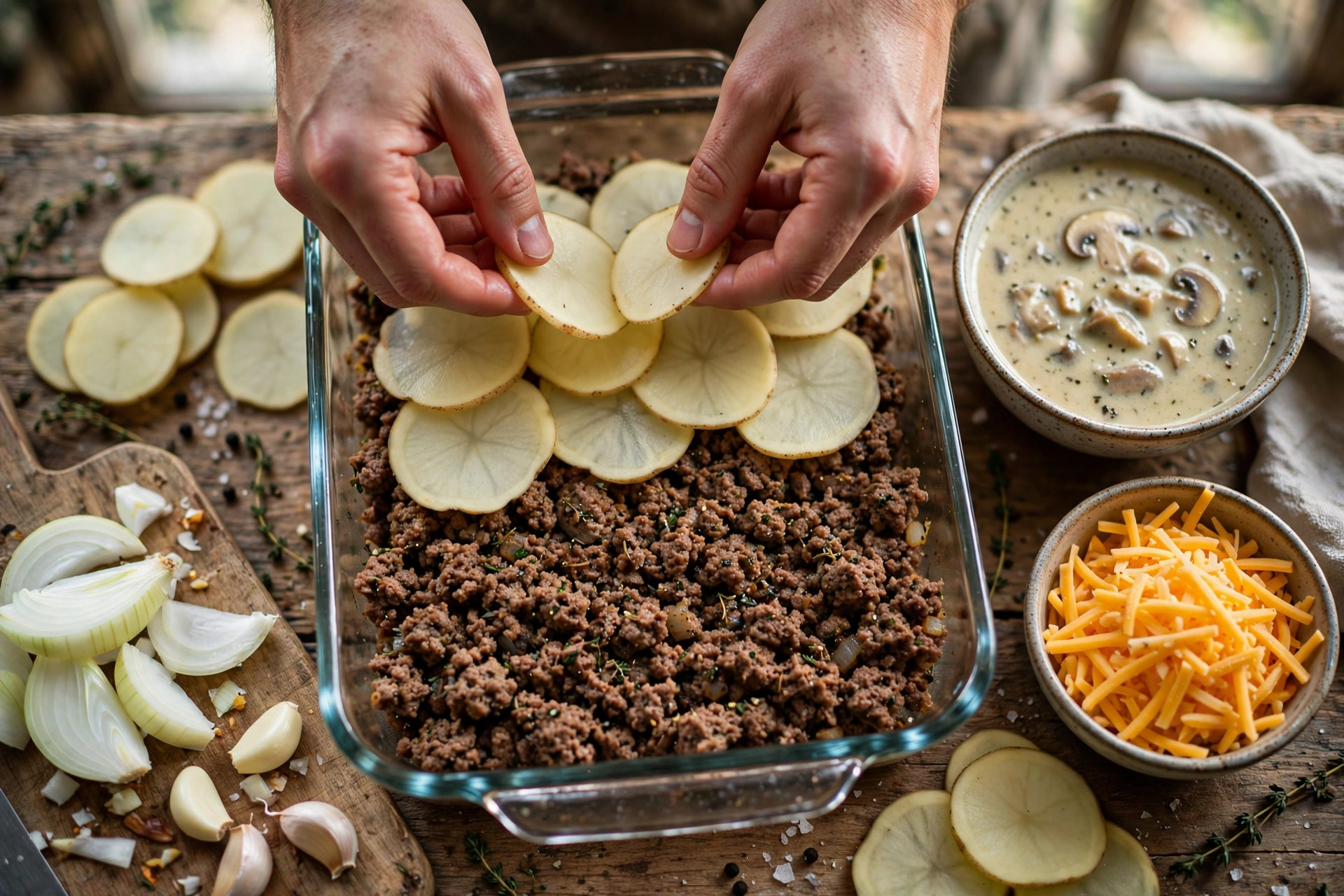 Layering sliced potatoes and seasoned ground beef for hobo casserole assembly