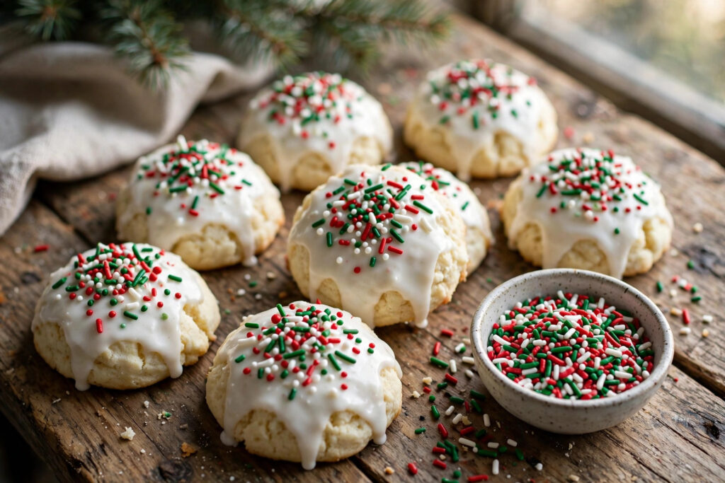Italian ricotta Christmas cookies with glaze and sprinkles