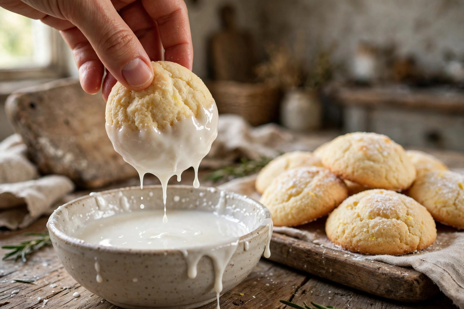 Dipping ricotta cookies into sweet glaze