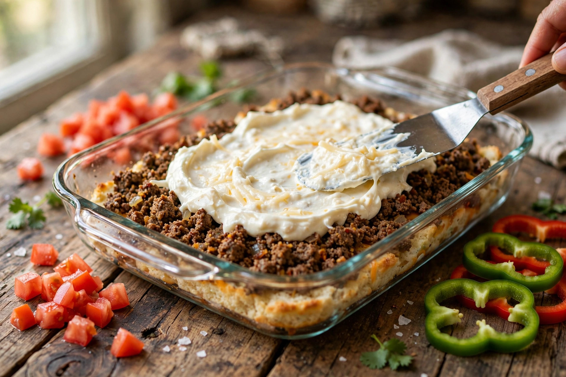 Spreading the sour cream and cheese mixture over taco beef in John Wayne casserole