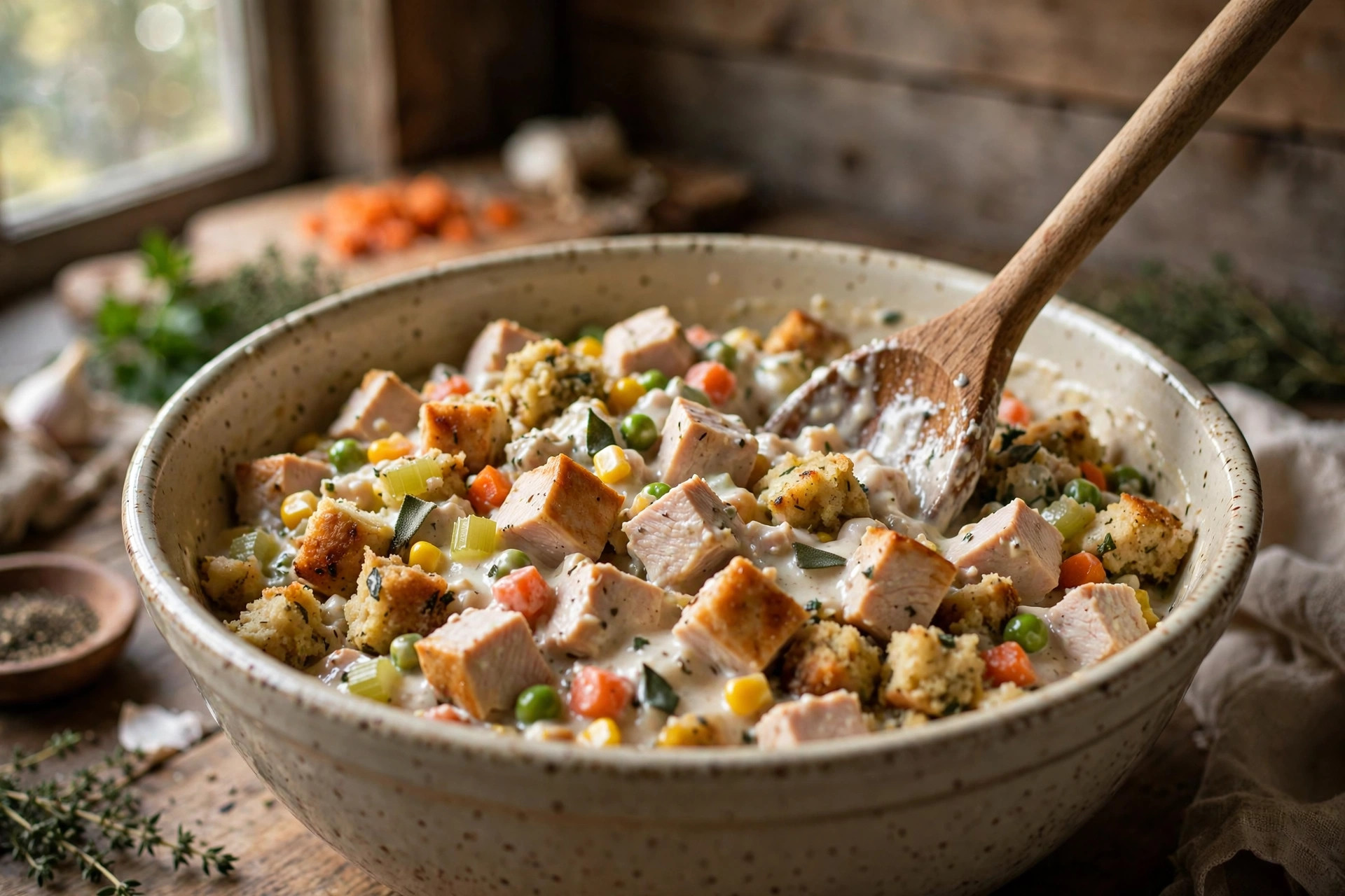 Mixing turkey, stuffing, and vegetables for the casserole filling