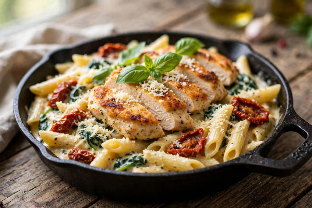 Marry me chicken pasta with creamy Tuscan sauce, sliced chicken, and penne in a skillet