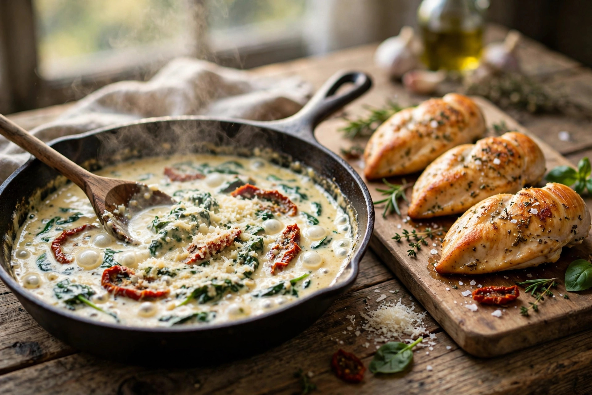Stirring creamy Tuscan sauce with sun-dried tomatoes and spinach in a skillet