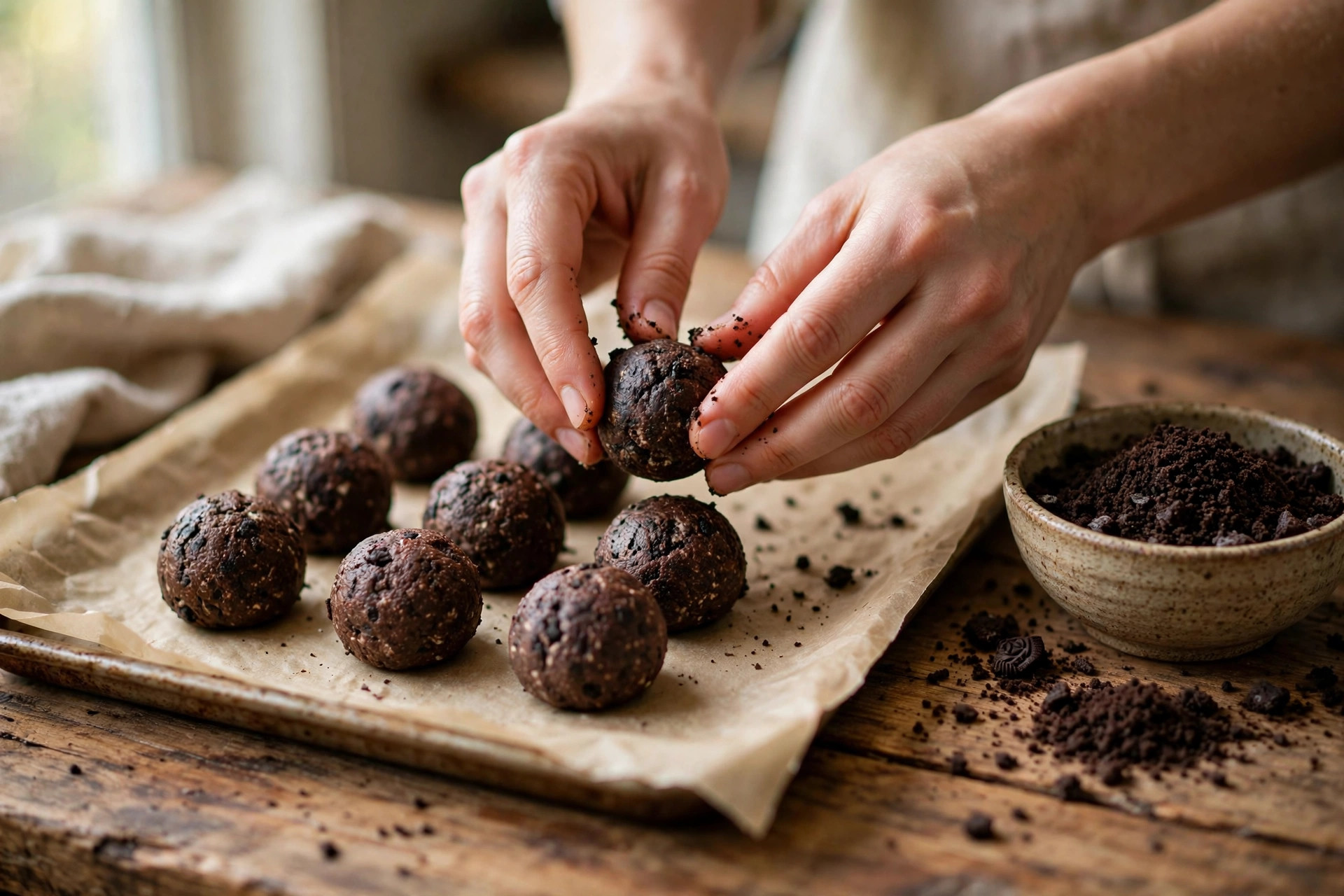 Rolling Oreo cream cheese mixture into cookie balls by hand on parchment paper