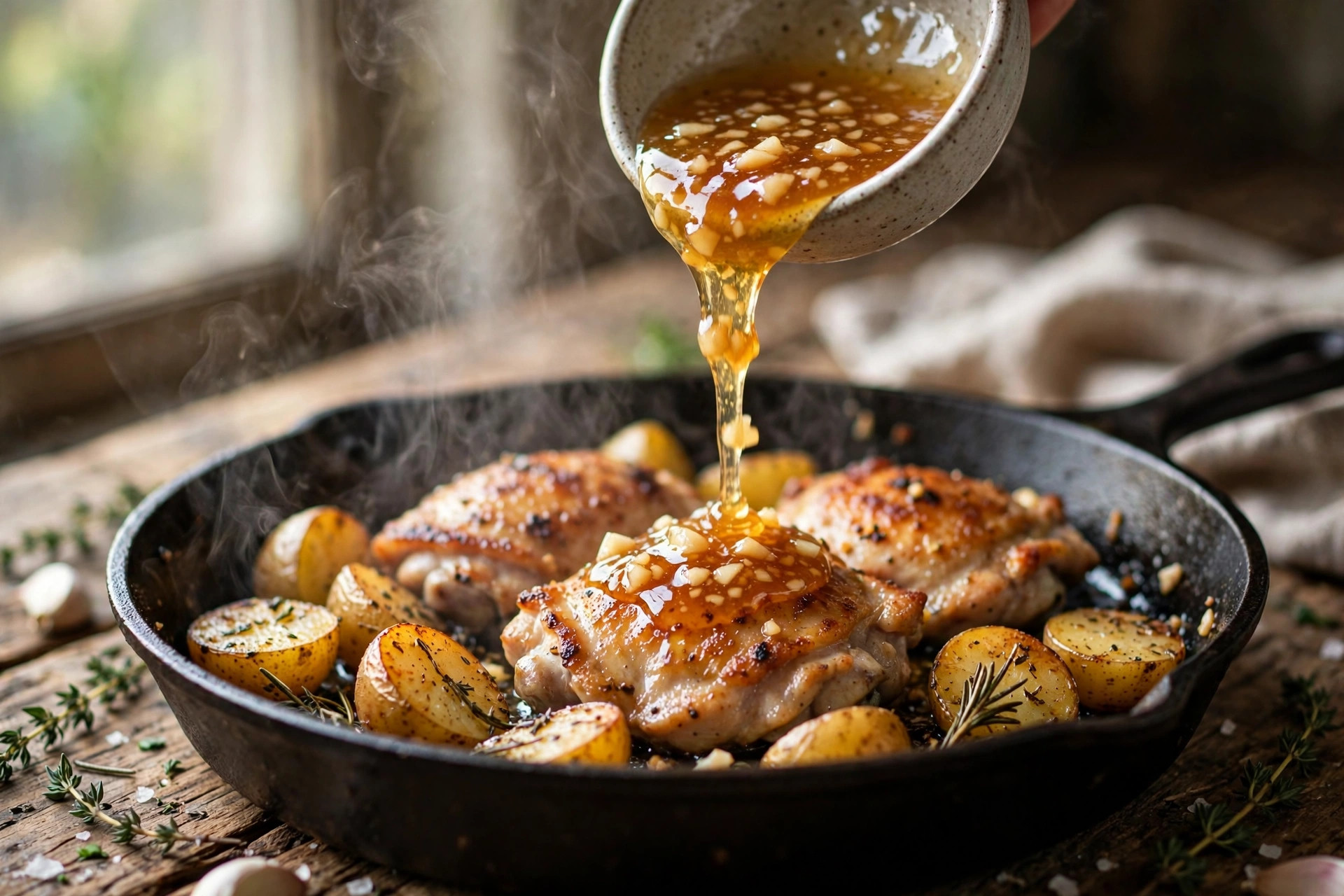 Pouring honey garlic sauce over seared chicken and potatoes in a hot skillet
