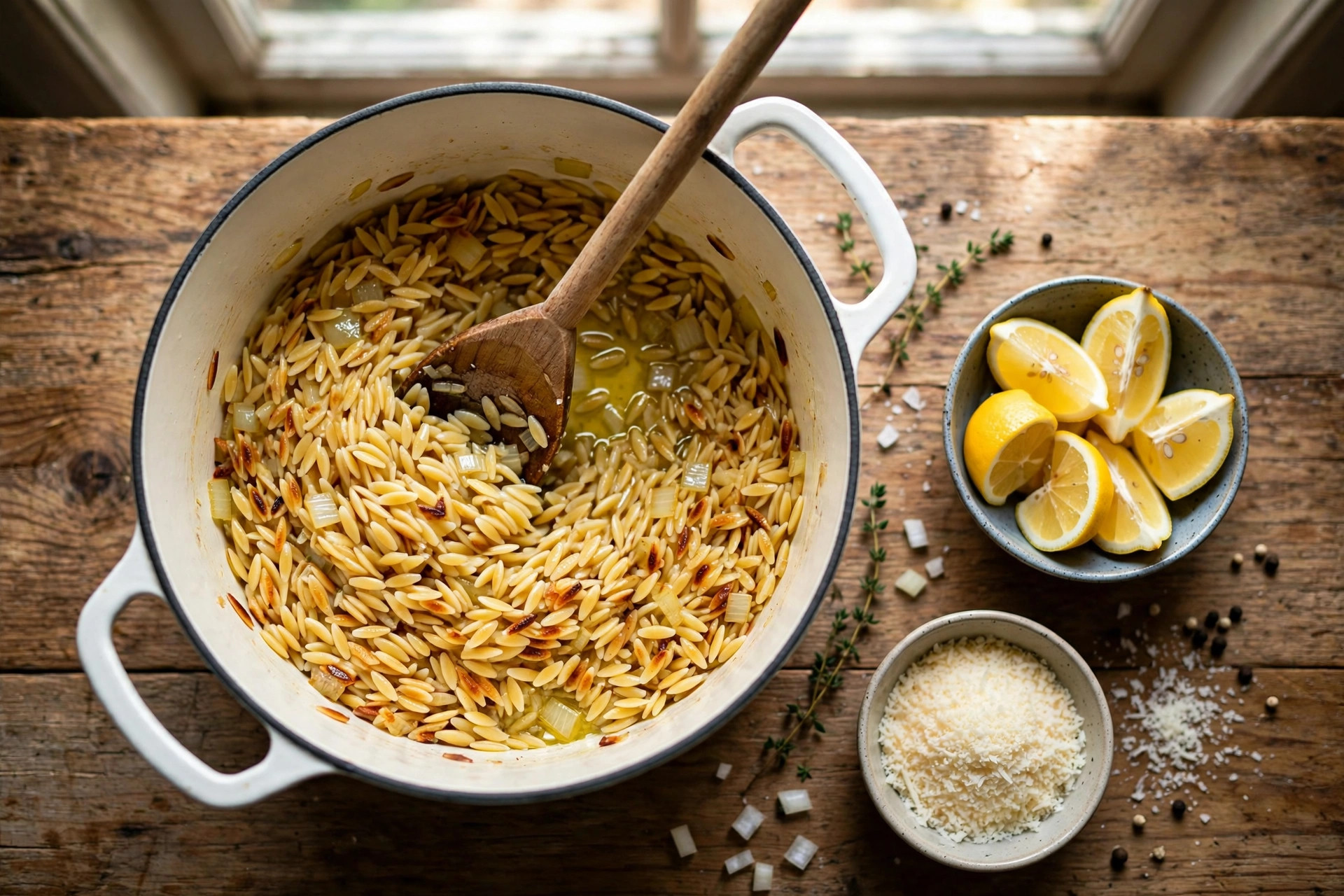 Orzo pasta toasting in olive oil with diced onion in a Dutch oven before adding broth