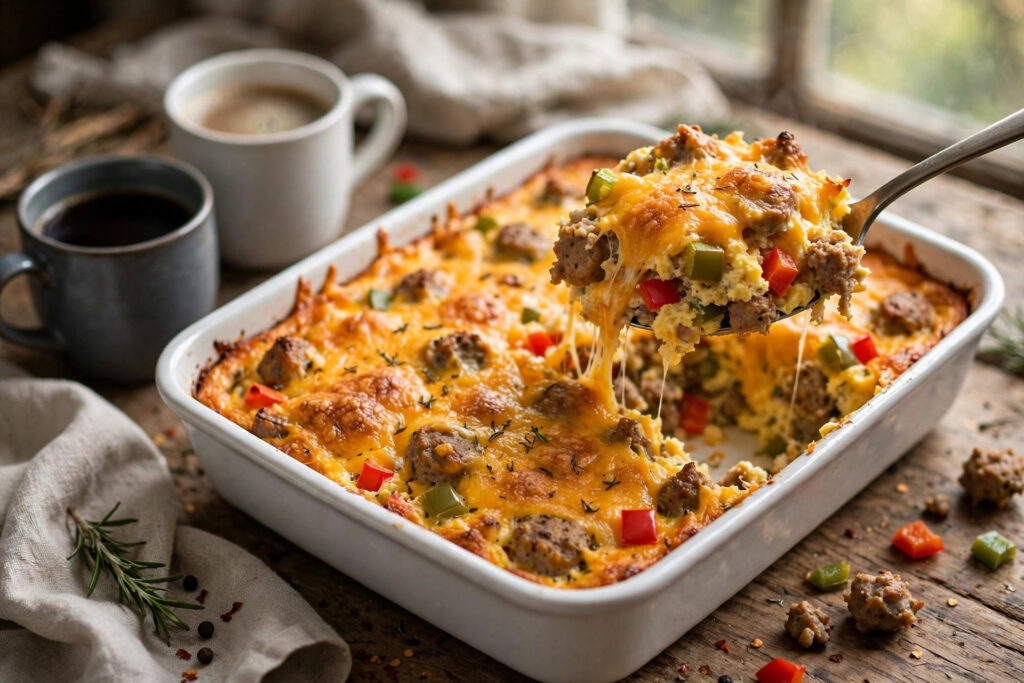 Overnight Christmas morning breakfast casserole with melted cheese