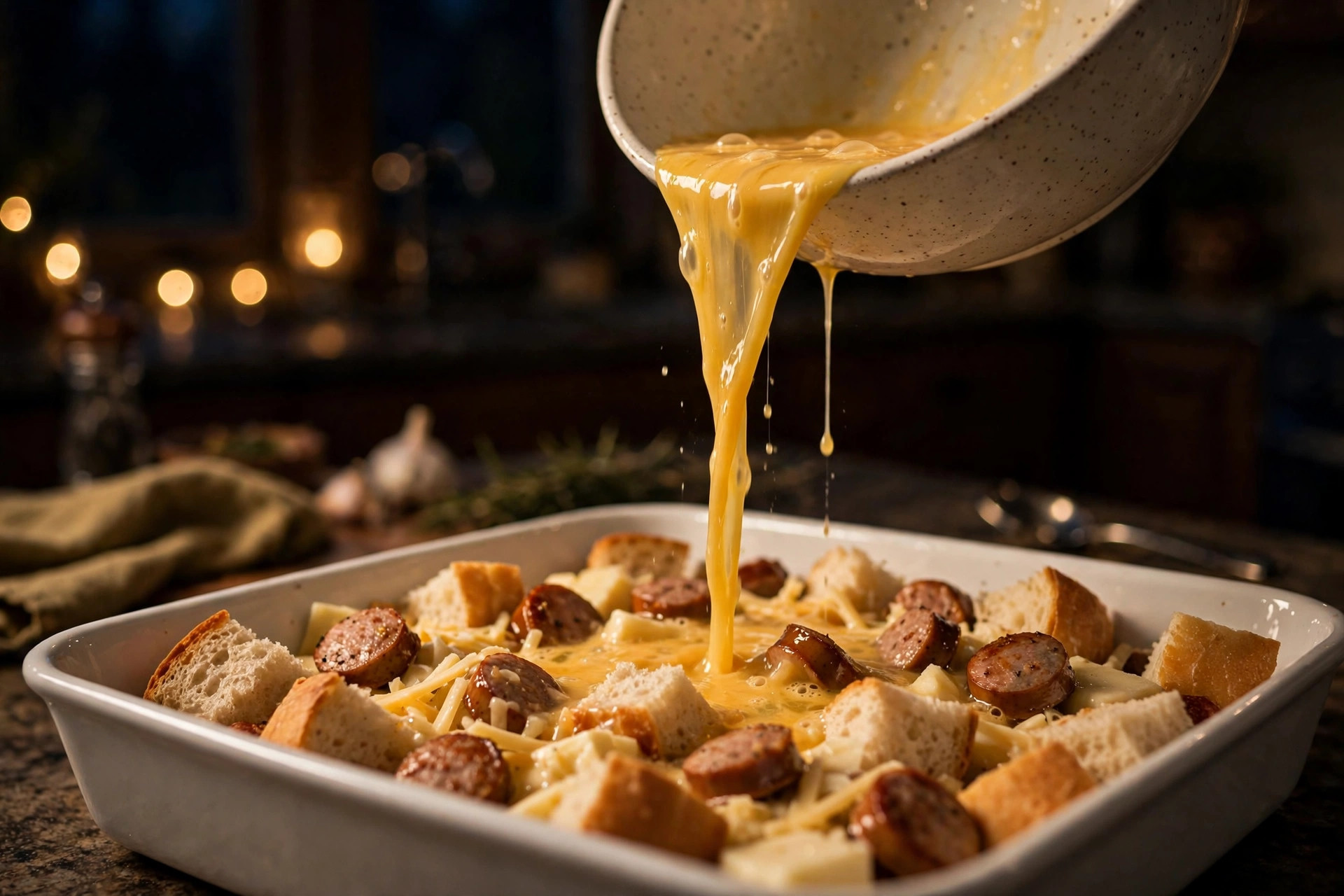 Pouring egg mixture over bread cubes in a baking dish the night before