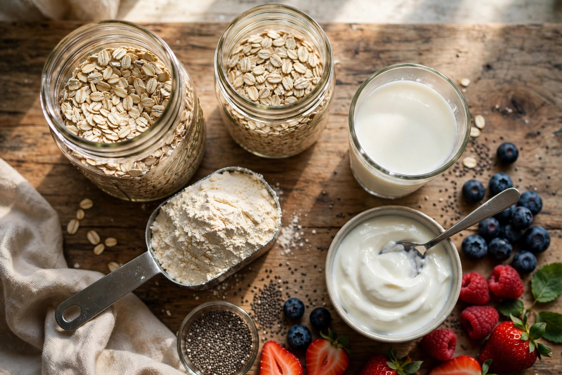 Mason jars of overnight oats being assembled with rolled oats, protein powder, milk, and Greek yogurt on a kitchen counter