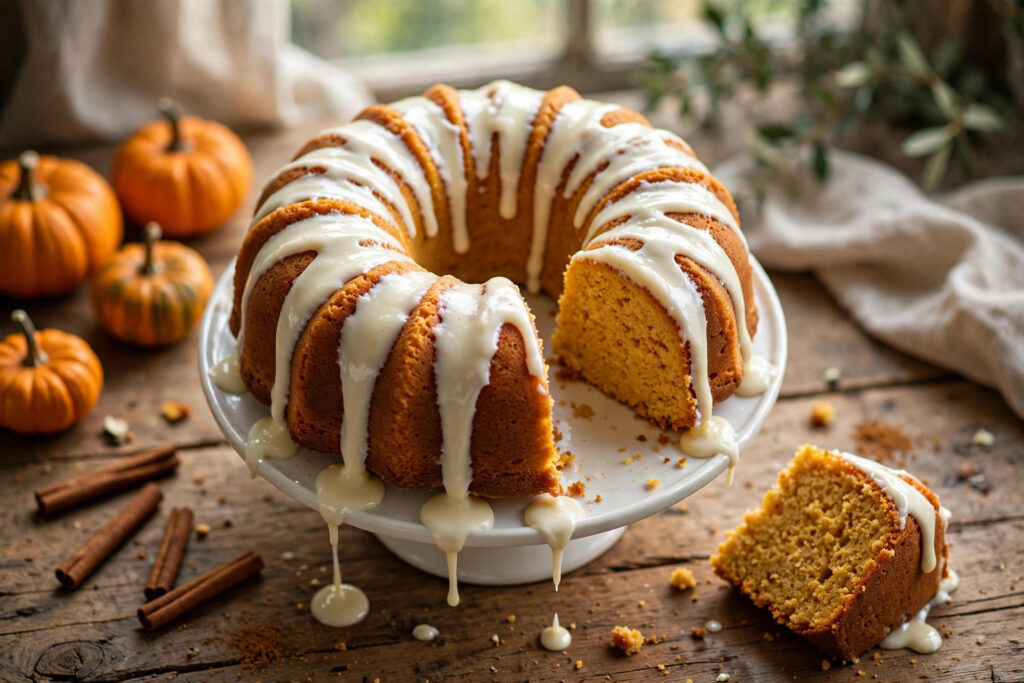 Pumpkin bundt cake with cream cheese glaze dripping down the sides