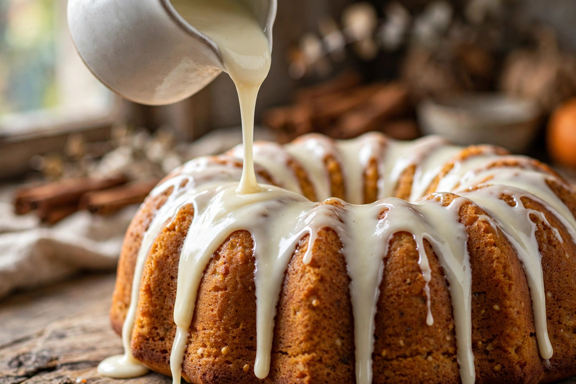 Pouring cream cheese glaze over a cooled pumpkin bundt cake