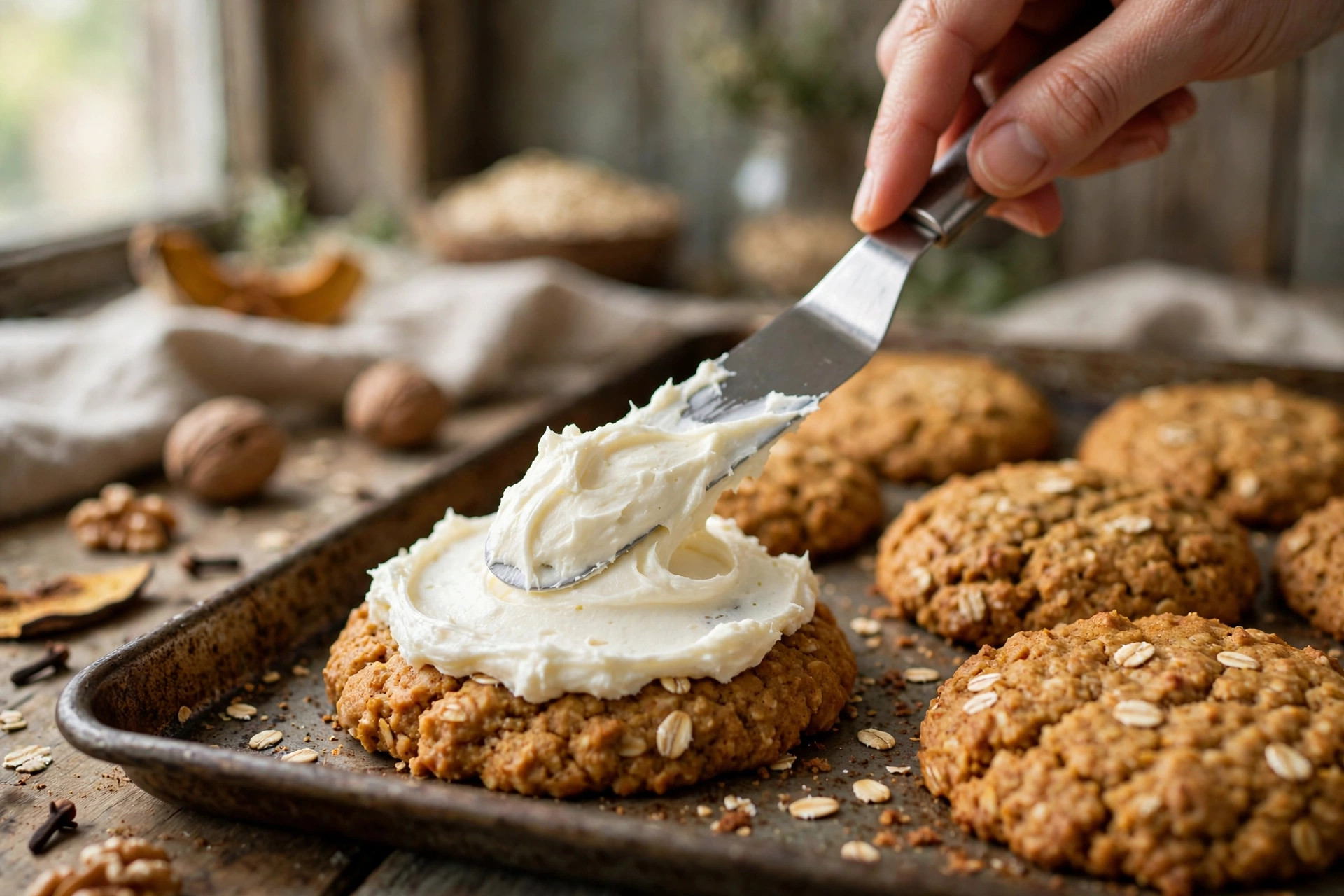 Spreading cream cheese filling onto a pumpkin oatmeal cookie
