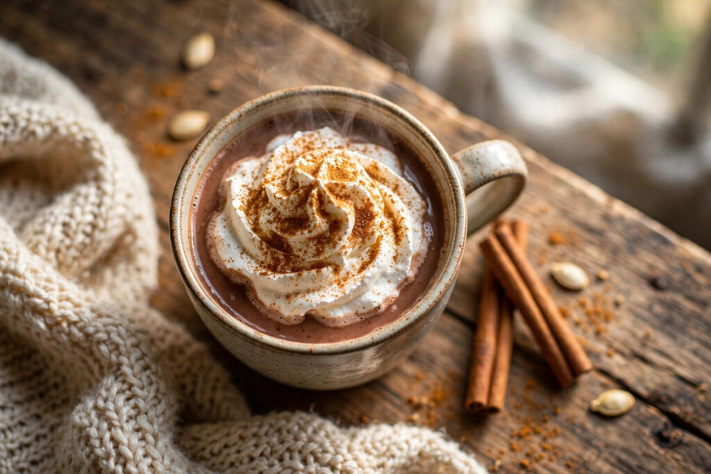 Pumpkin spice hot chocolate topped with whipped cream