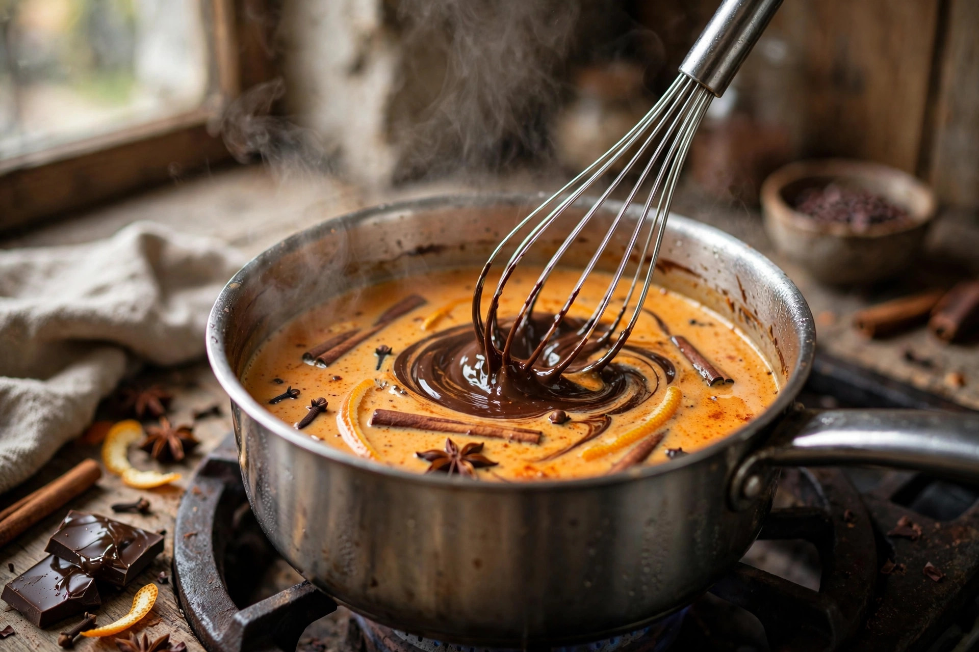 Whisking melted chocolate into warm spiced milk