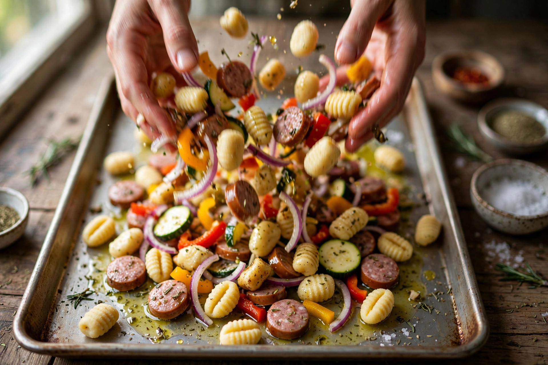 Tossing raw gnocchi, sausage slices, and chopped vegetables with oil on a sheet pan