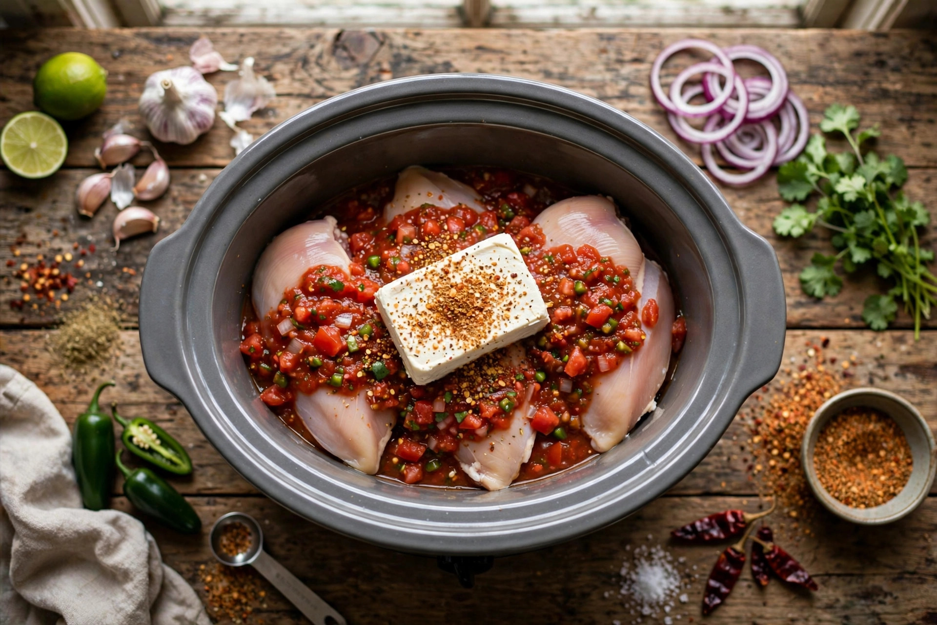 Raw chicken breasts covered with salsa and cream cheese in a slow cooker before cooking