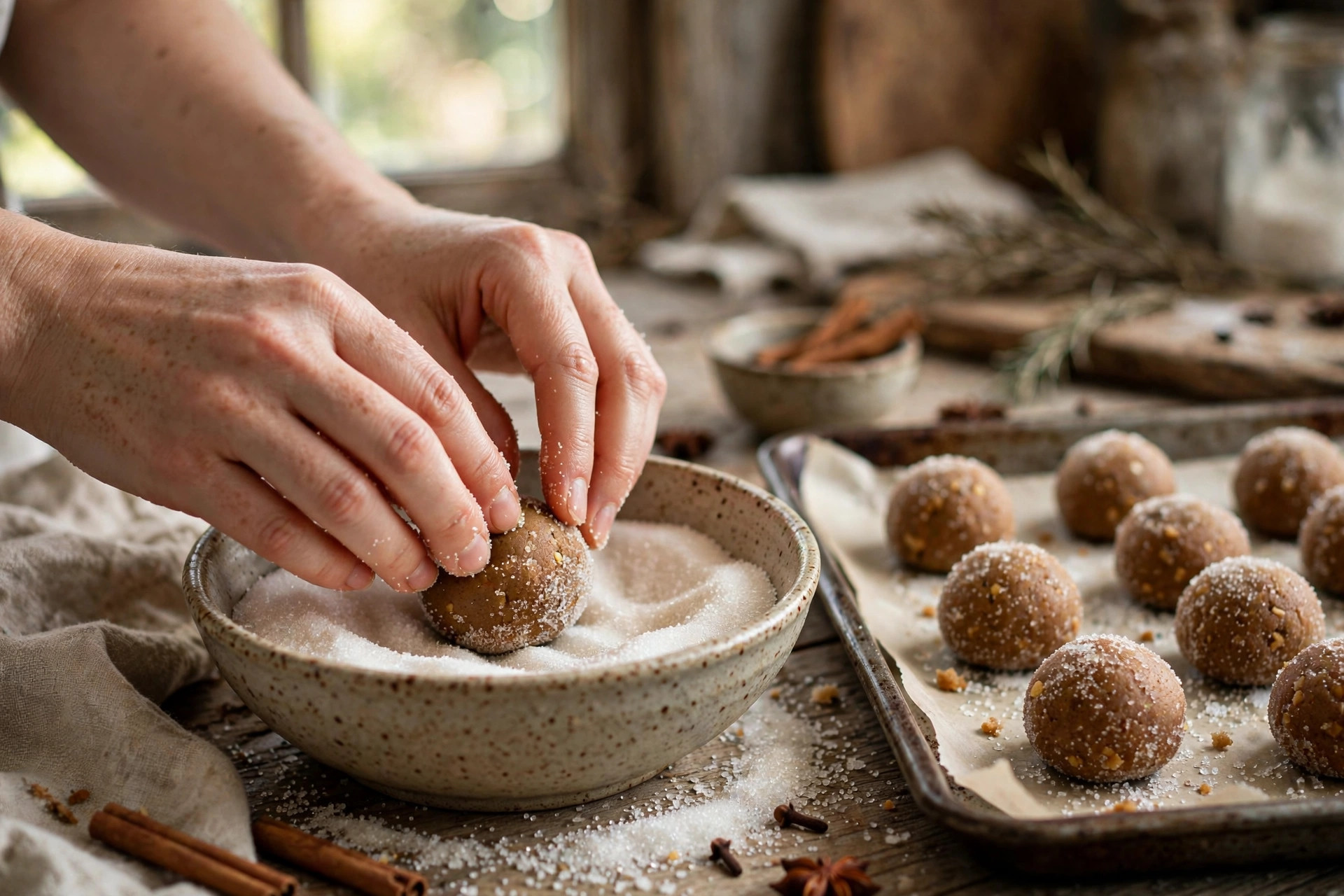 Rolling gingerbread cookie dough balls in sugar before baking