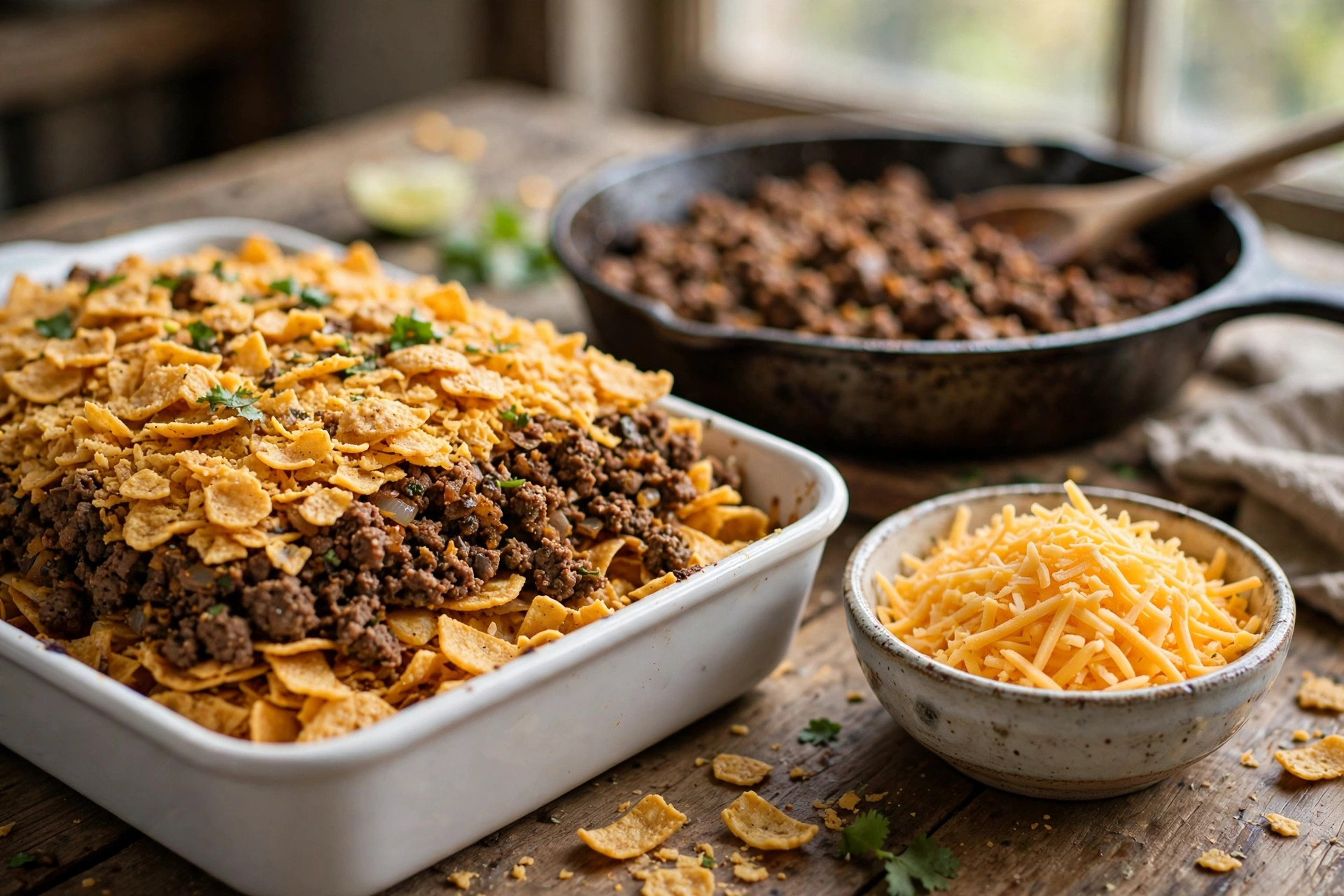 Layering crushed Fritos and seasoned taco beef in a casserole dish